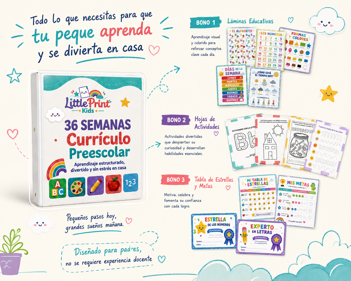 Mockup del currículo LittlePrint Kids de 36 semanas con los 3 bonos incluidos
